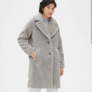 Gap Sherpa Teddy Collared Long Taupe Gray Jacket